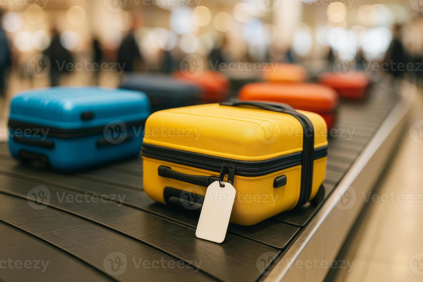 Suitcase with empty baggage tag on conveyor belt in airport terminal. Travel concept. photo