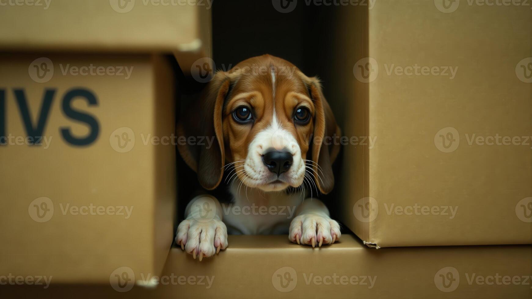 Beagle Puppy Peeking From Cardboard Box photo