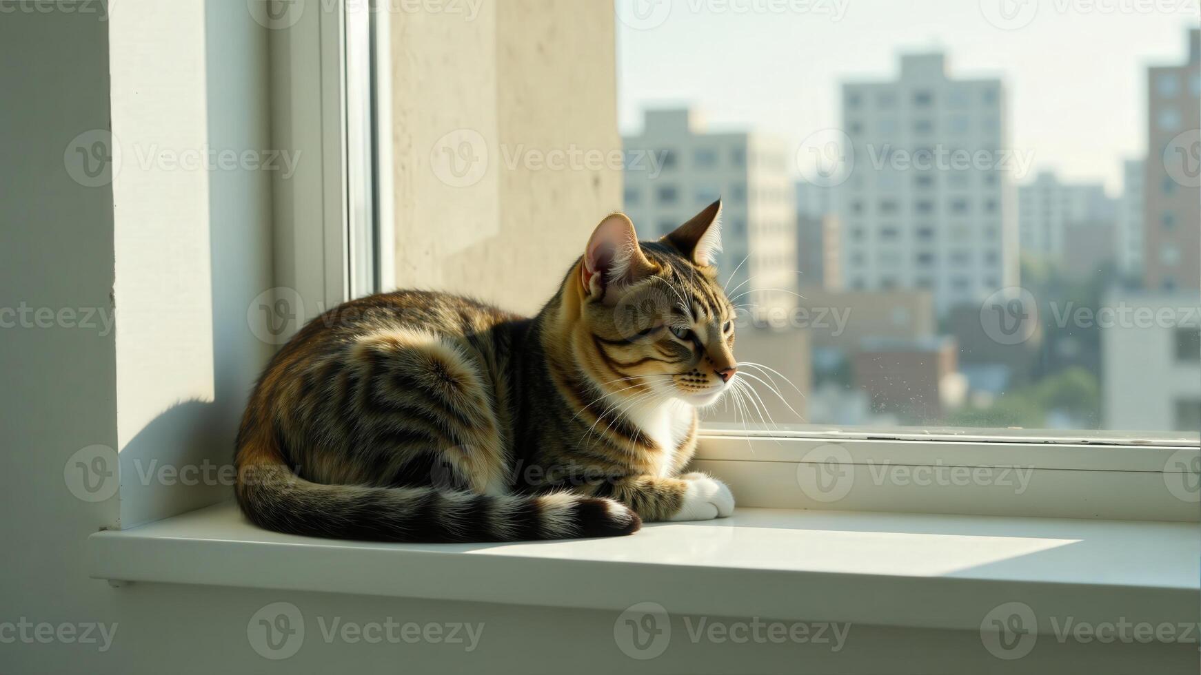Tabby Cat Lying By City Window photo