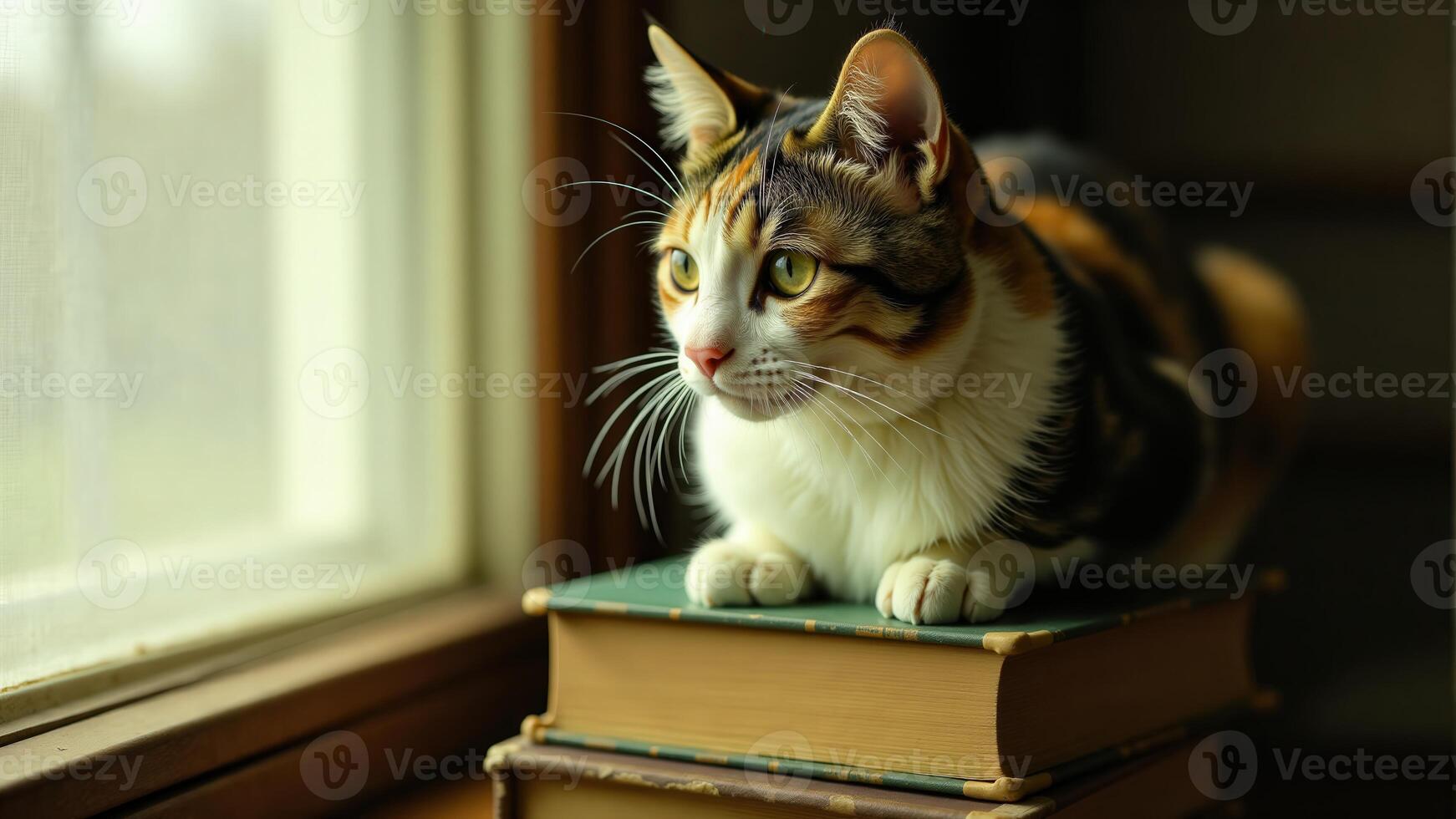 Calico Cat Sitting On Books By Window photo