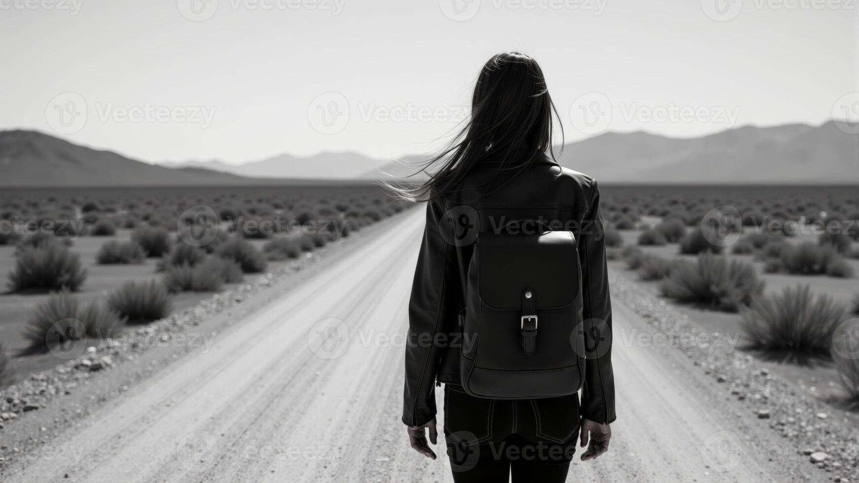 Woman Walking Desert Road, Black And White photo