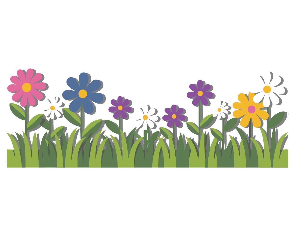 Colorful Garden Row with Vibrant Spring Flowers and Green Grass for Natural Decor or Seasonal Design vector
