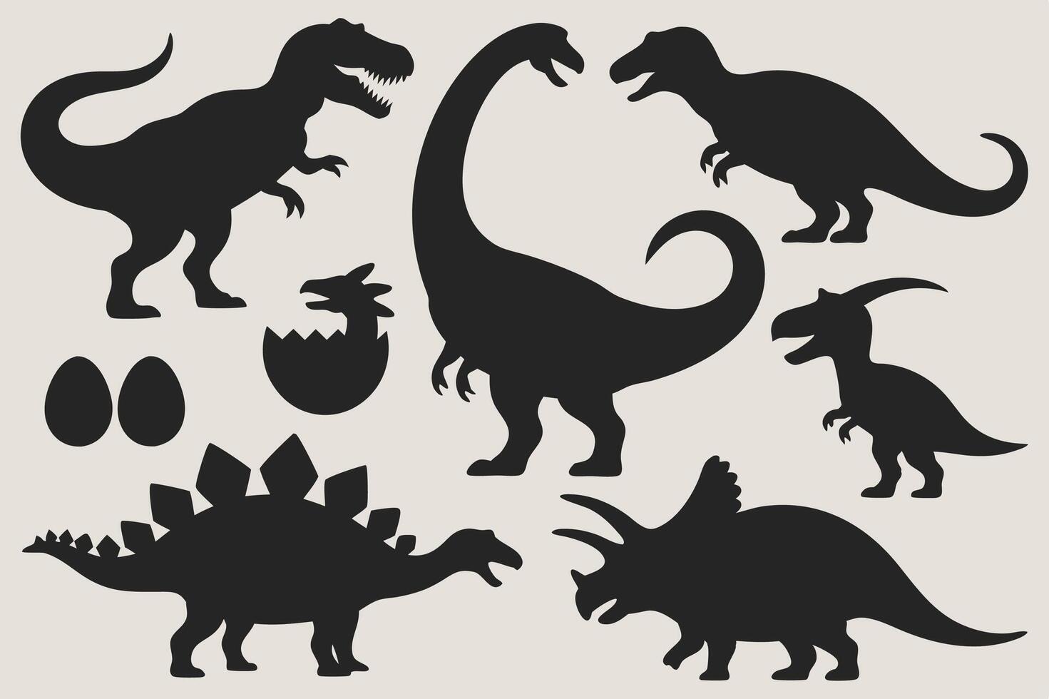 Dinosaur silhouette collection featuring T rex stegosaurus triceratops and hatching eggs in black vector