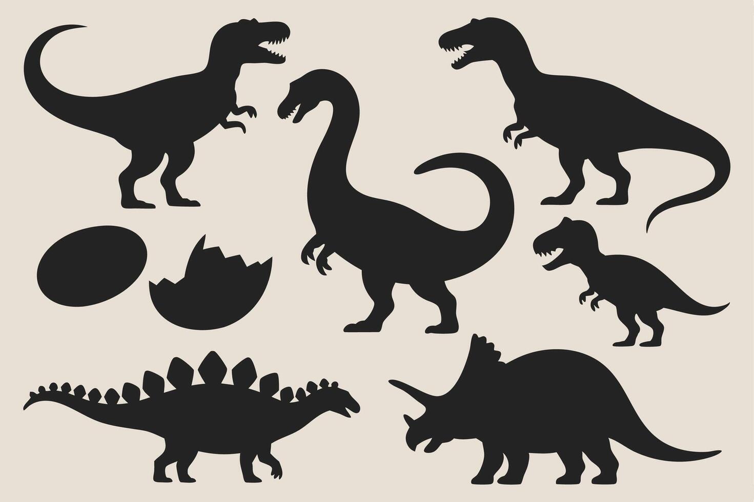 black dinosaur silhouettes with eggs showing various species in simple bold prehistoric style design vector