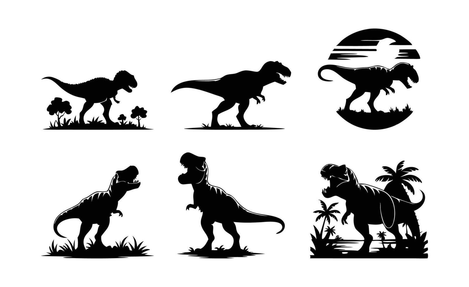 Silhouetted T rex figures in different environments including sunset jungle and grassland with strong forms vector