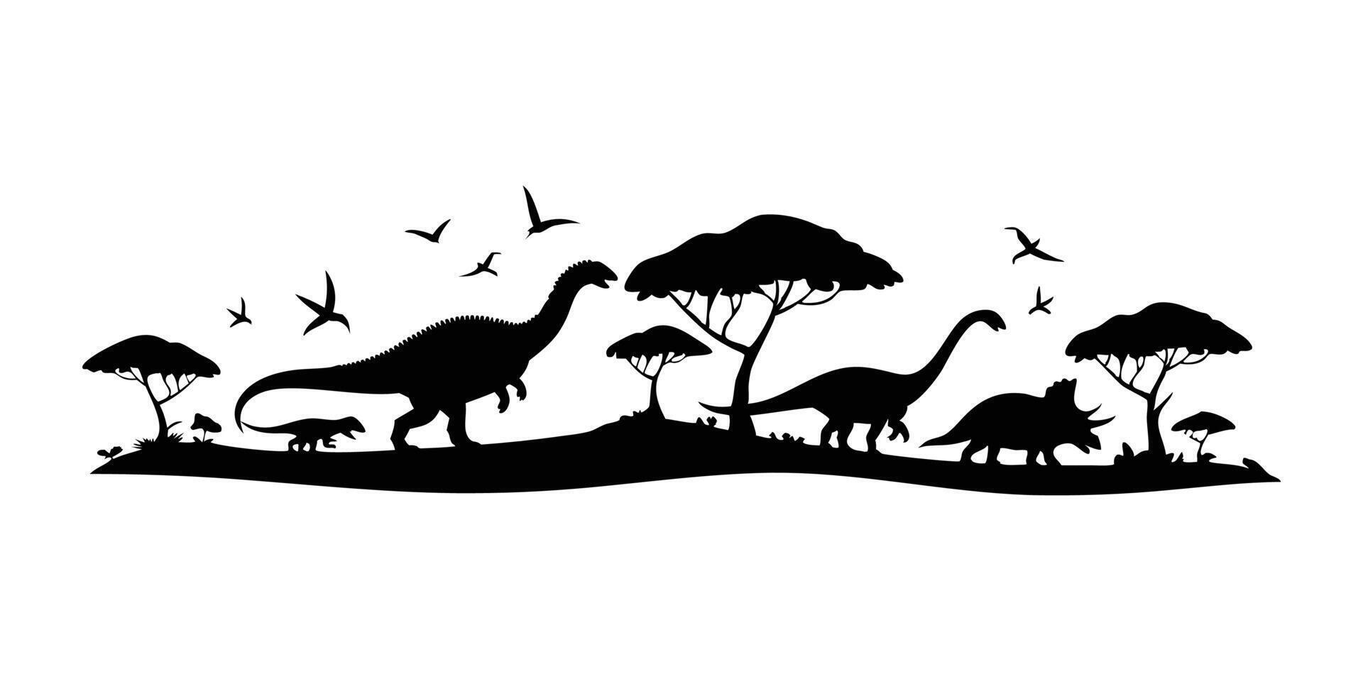 Silhouetted Jurassic environment with peaceful dinosaurs walking among trees under flying prehistoric birds vector