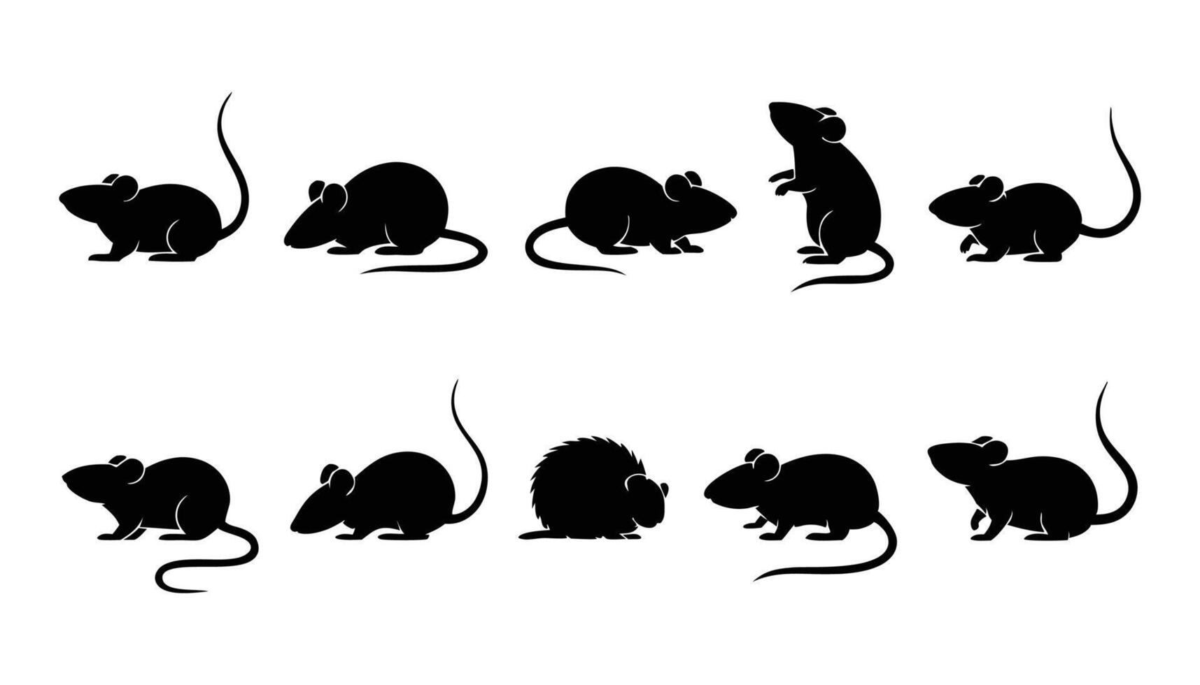 Collection of 10 Black Silhouettes of Mice in Various Poses Including Sitting, Standing, and Crawling vector