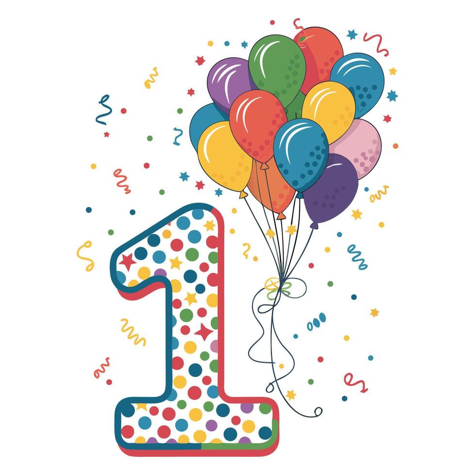 Celebration Design Featuring a Polka Dot Number One with Balloons Streamers and Stars for Milestones vector