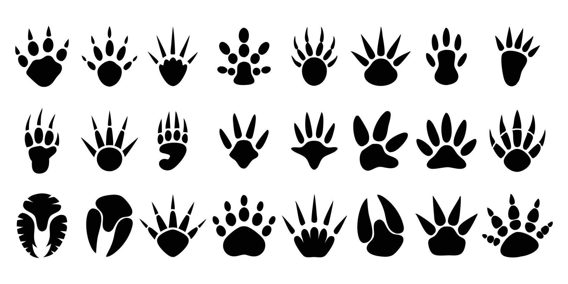 High contrast animal paw and footprint illustrations arranged in a horizontal sequence for identification vector