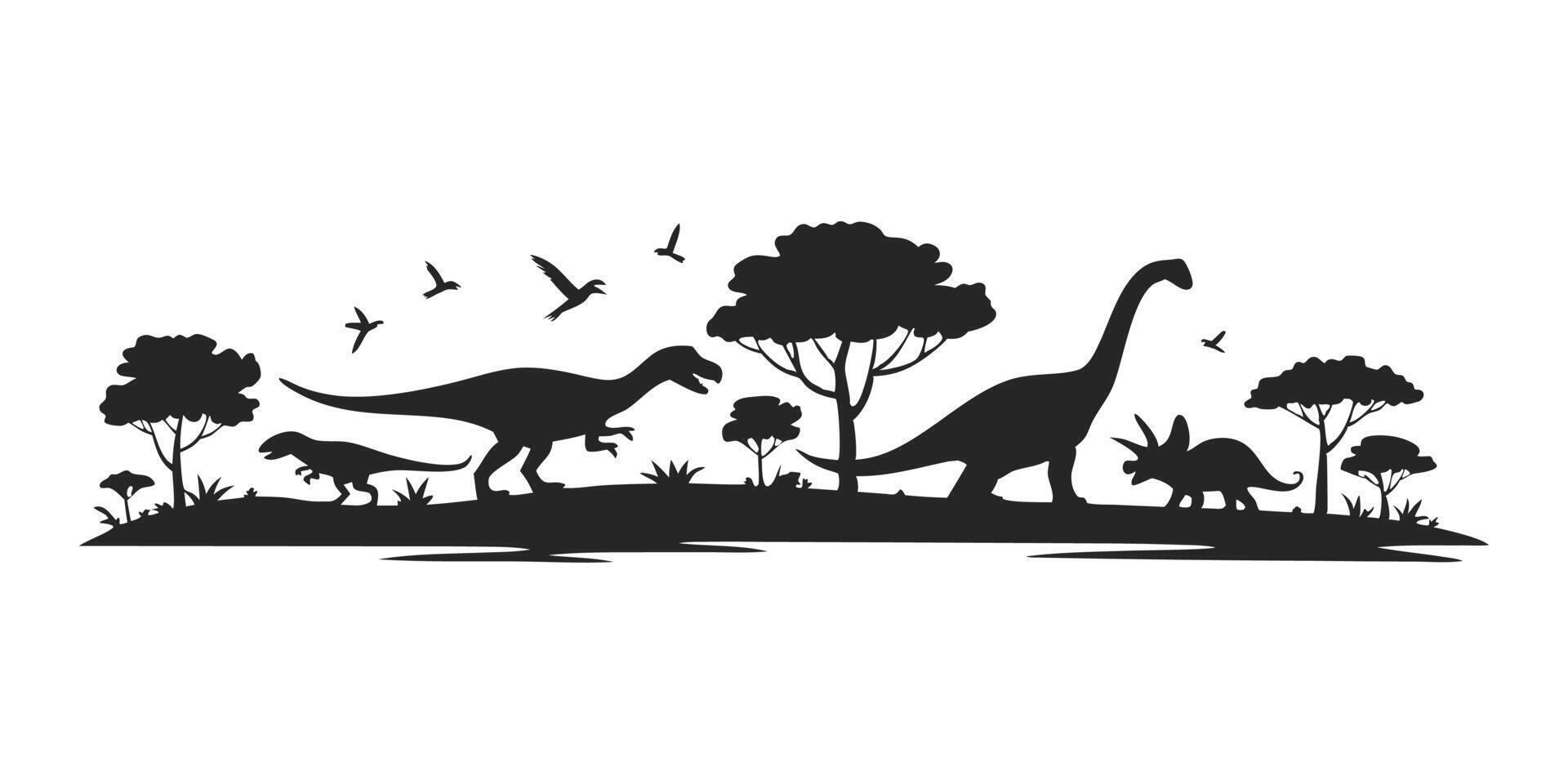 Dinosaur silhouette scene in prehistoric landscape with trees flying reptiles and ground animals in black vector