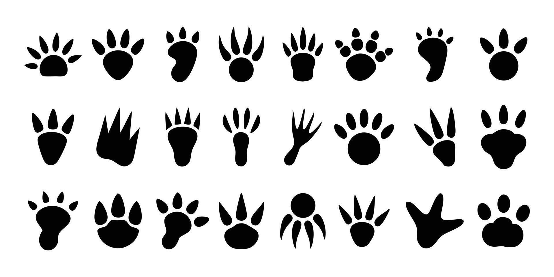 A collection of various animal footprint silhouettes featuring paws claws and tracks in black and white design vector