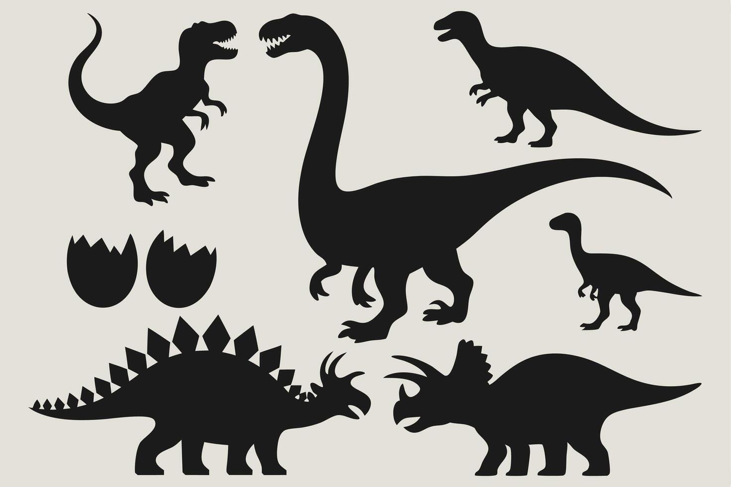 Set of black dinosaur silhouettes with eggs showing various species in simple bold prehistoric style design vector