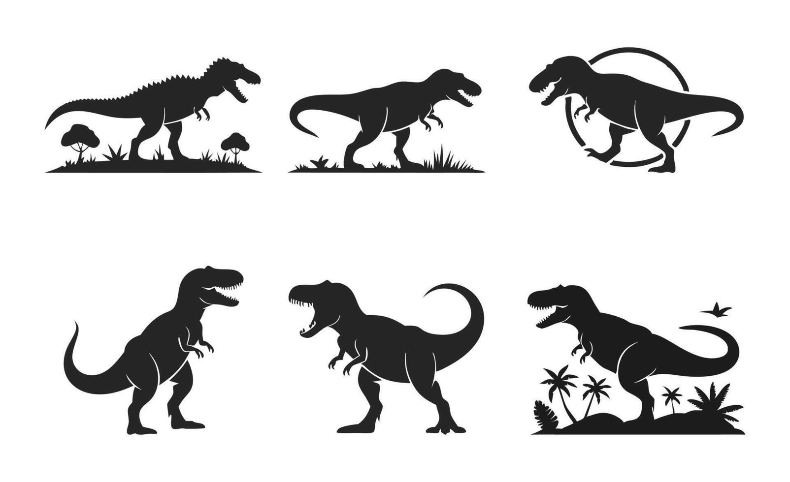 Black and white illustrations of Tyrannosaurus Rex in wild prehistoric landscapes with bold contrast art vector