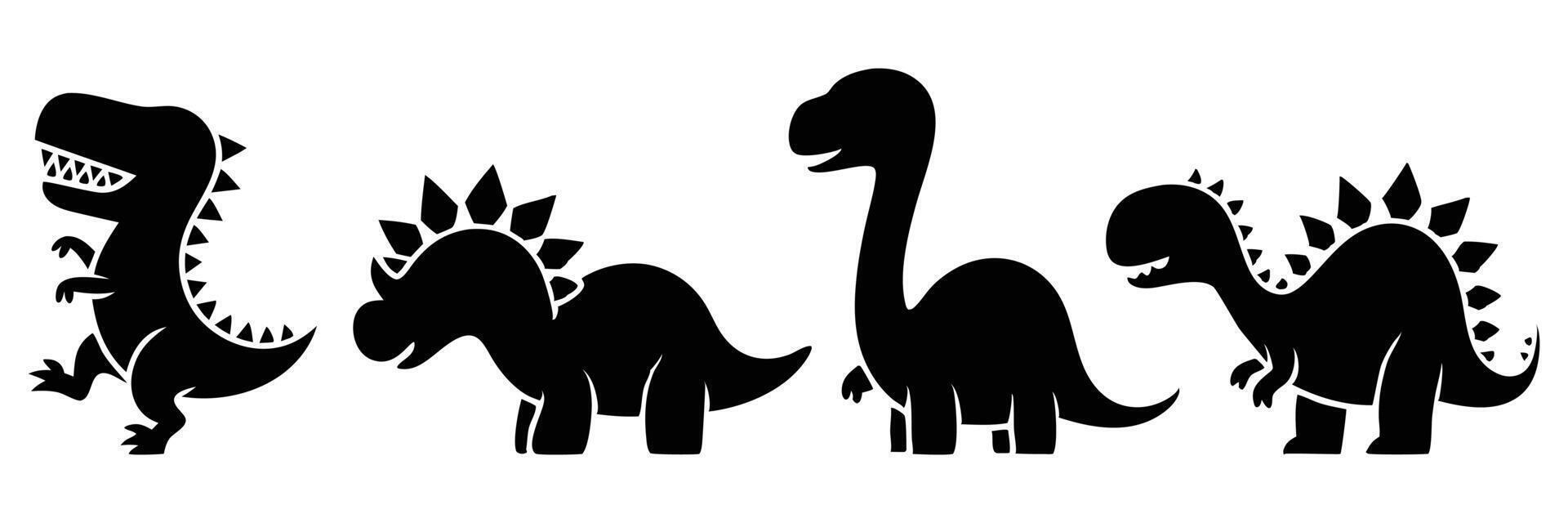 Fun dinosaur character silhouettes including T rex and stegosaurus in a stylized child friendly black design vector