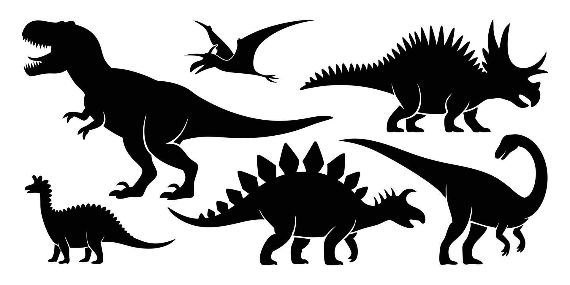 Collection of dinosaur silhouettes in black showing flying and walking species in bold graphic style vector