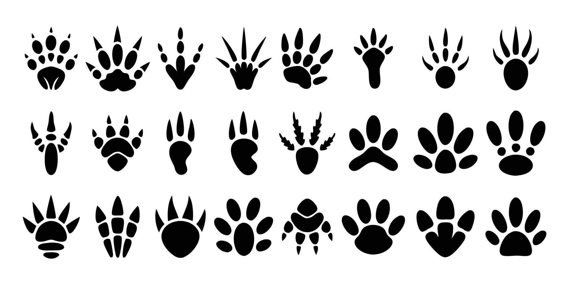 Black animal tracks icon set showcasing different paw print shapes of wild forest and domestic creatures vector