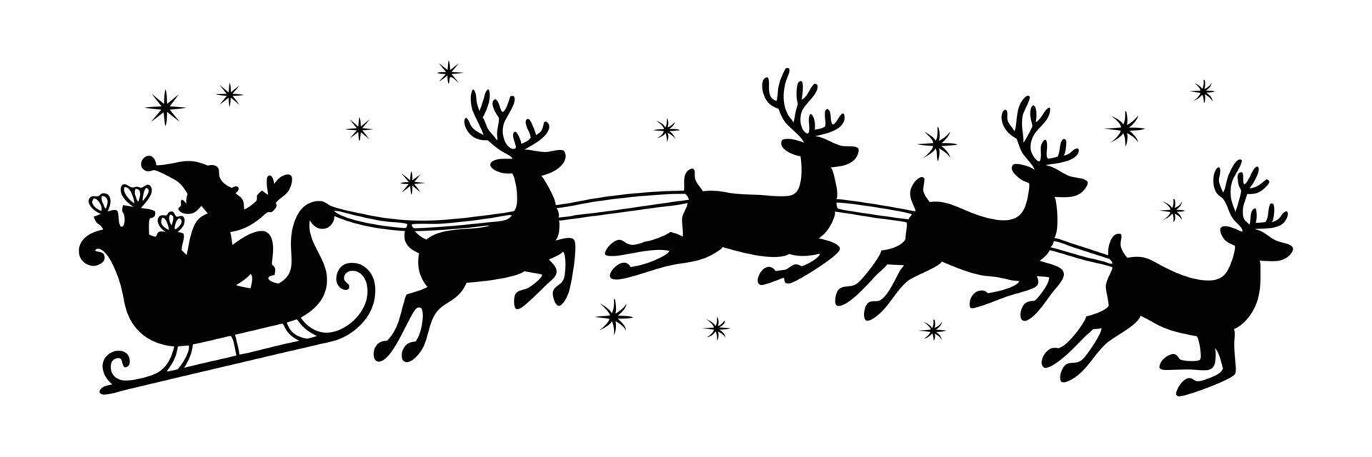Santa Claus Reindeer Sleigh Christmas Night Journey with Gifts and Stars Flying Through Sky vector