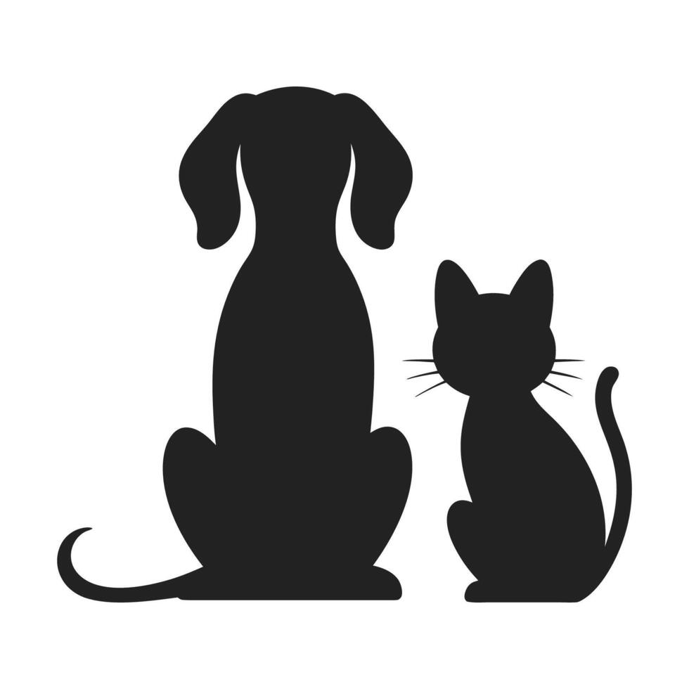 Black Silhouette of Dog and Cat Sitting Together, Expressing Their Unique Animal Shapes and Poses vector