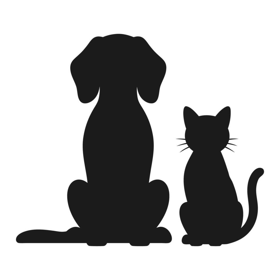 Silhouette of a Dog and a Cat Sitting Side by Side, Displaying Their Animal Forms in Black and White vector
