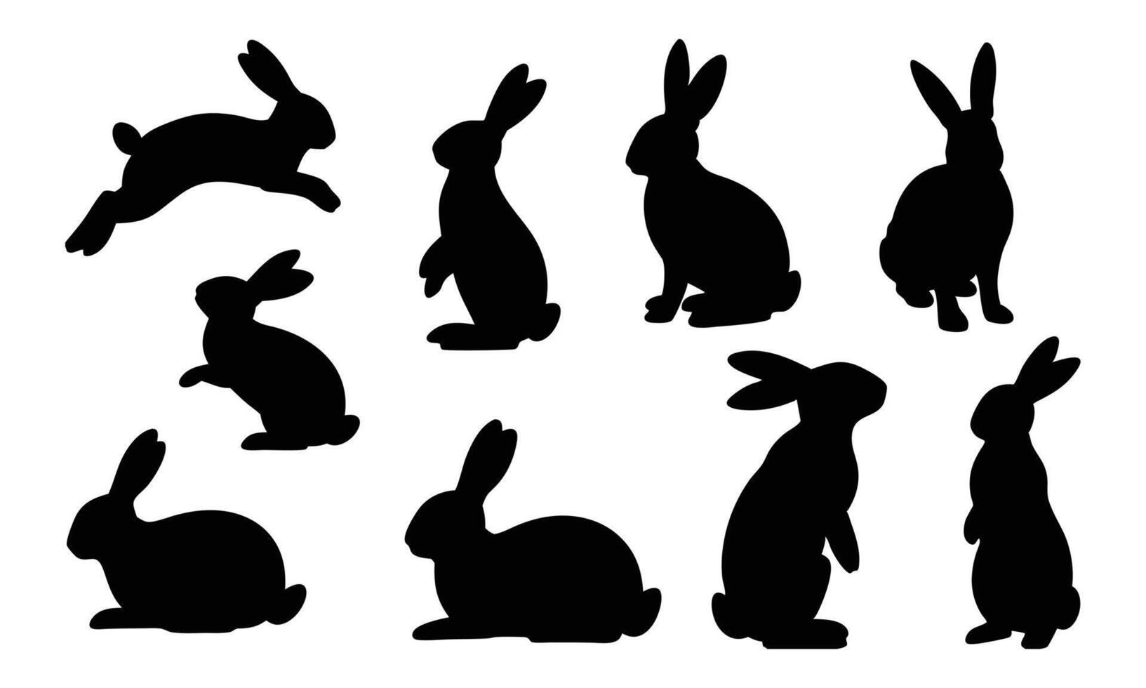 Diverse Rabbit Silhouettes Displaying Sitting, Standing, and Hopping Poses in Black Silhouette vector