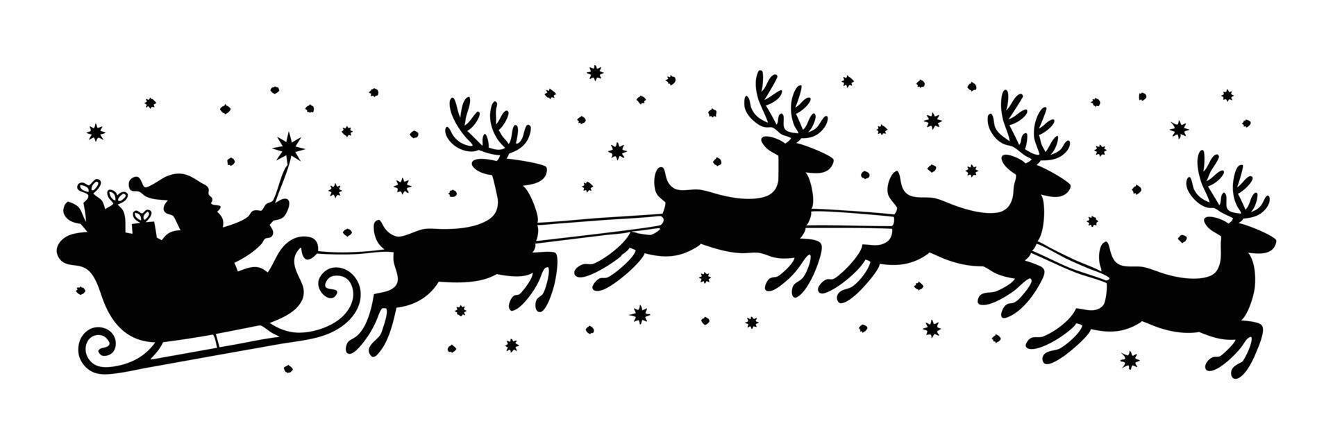 Silhouette of Santa and His Reindeer Pulling Sleigh on Christmas Eve with Sparkling Stars vector