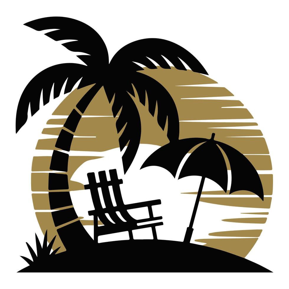 illustration of a tropical beach, A illustration of a retro silhouette logo with a summer beach scene. vector