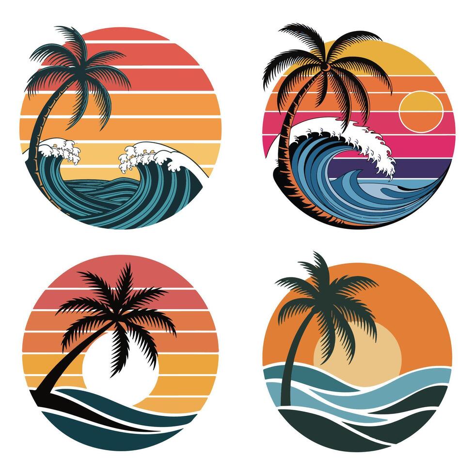 A set showcases summer with tropical beach and island icons, featuring the sun, palm tree, sea, and sand for travel and vacation illustrations vector
