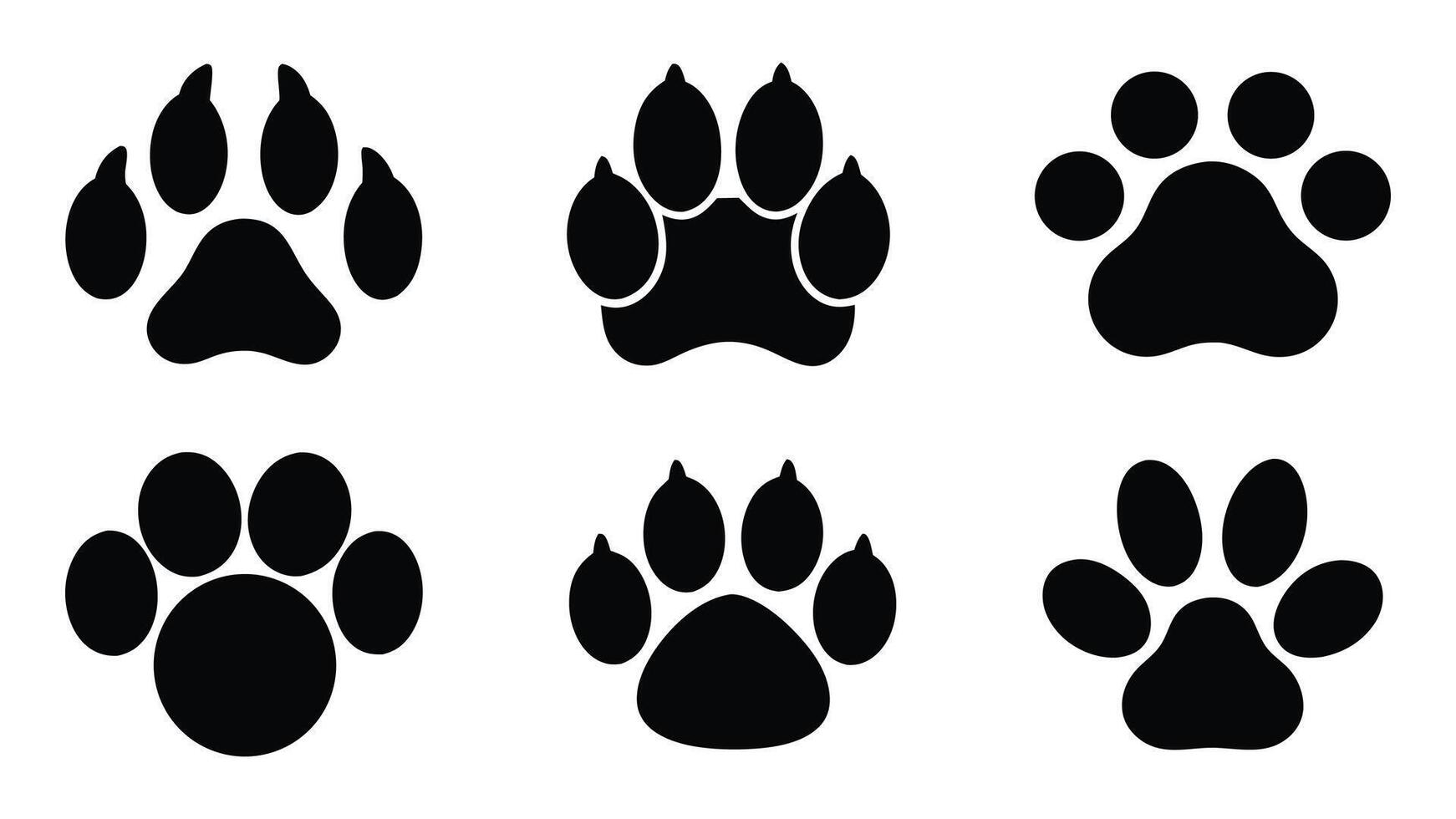 Set of black silhouettes of paw print icons, Black and white paw print icons depict a seamless pattern of animal tracks, including dog and cat footprints, in silhouette design vector