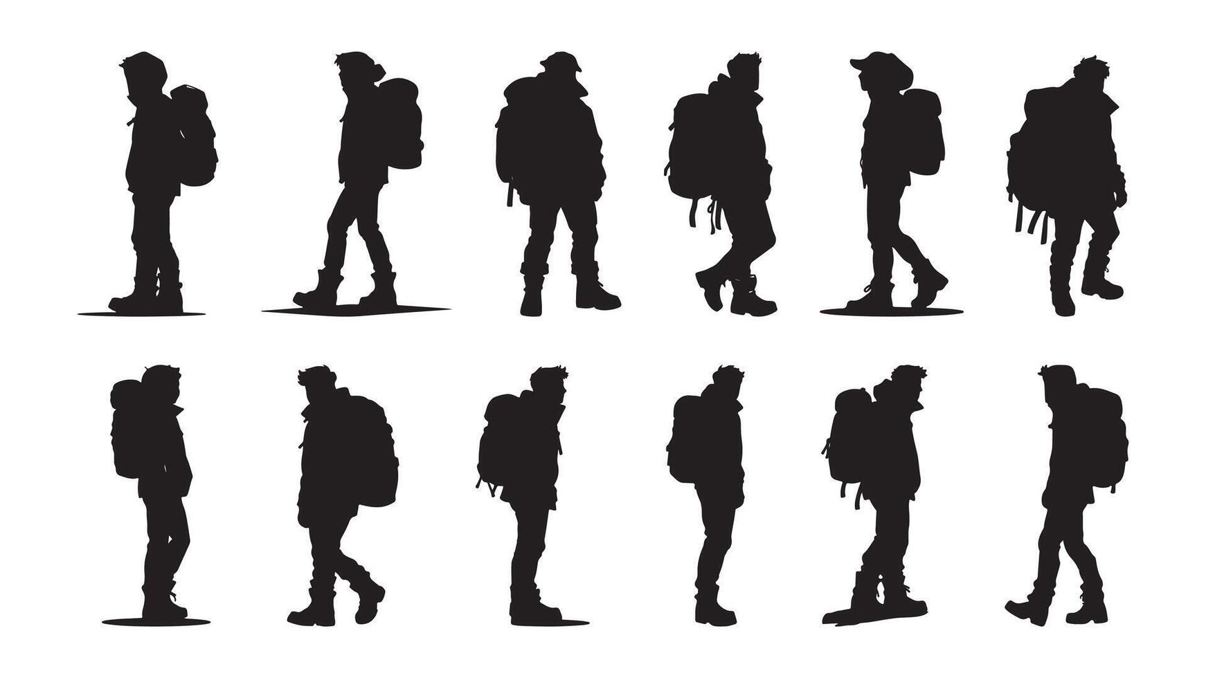 silhouettes illustrate a group of black silhouette mountain hiker, set of black silhouette hiker vector