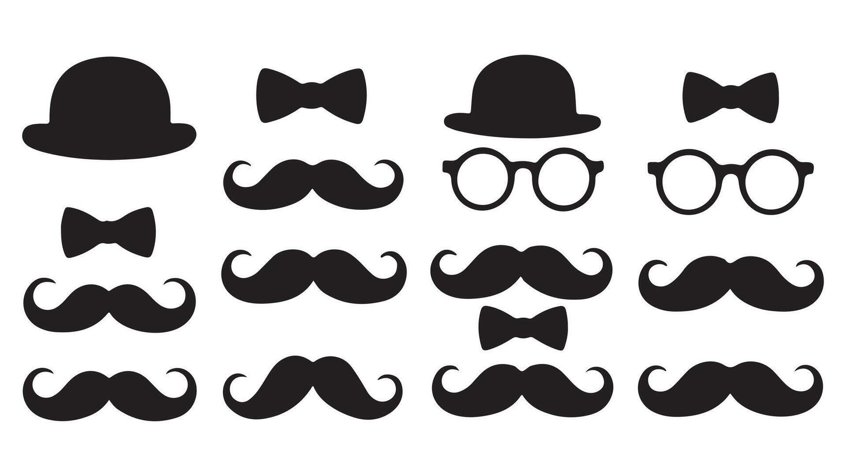 set of Hat, Glasses, Mustache and Bow Tie black and white silhouette on white background. Father's day icon set vector