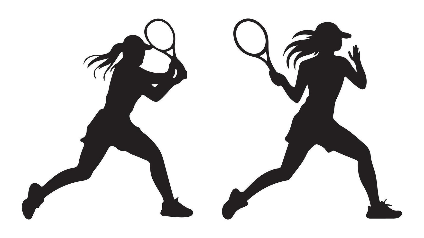 illustration of two female tennis player in action, depicted as a black silhouette against a plain white background. two tennis players silhouettes vector