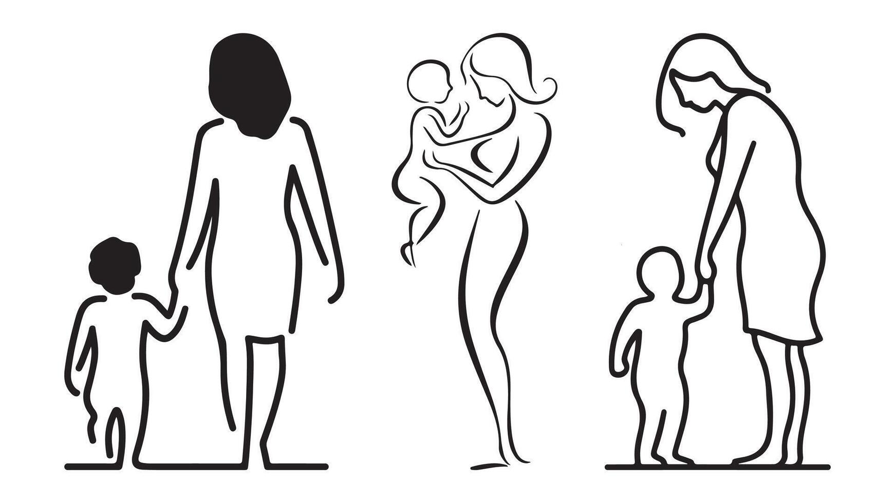 Collection of mother and child line art illustration for mothers day. vector