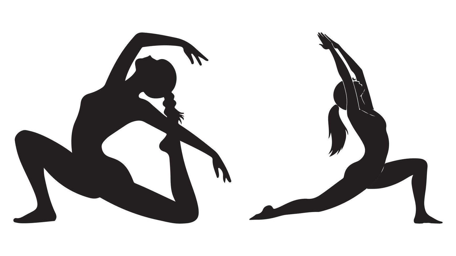 Silhouettes of yoga poses, A black silhouette illustration shows a young woman in a dance or yoga pose. Set of silhouettes a woman doing yoga vector