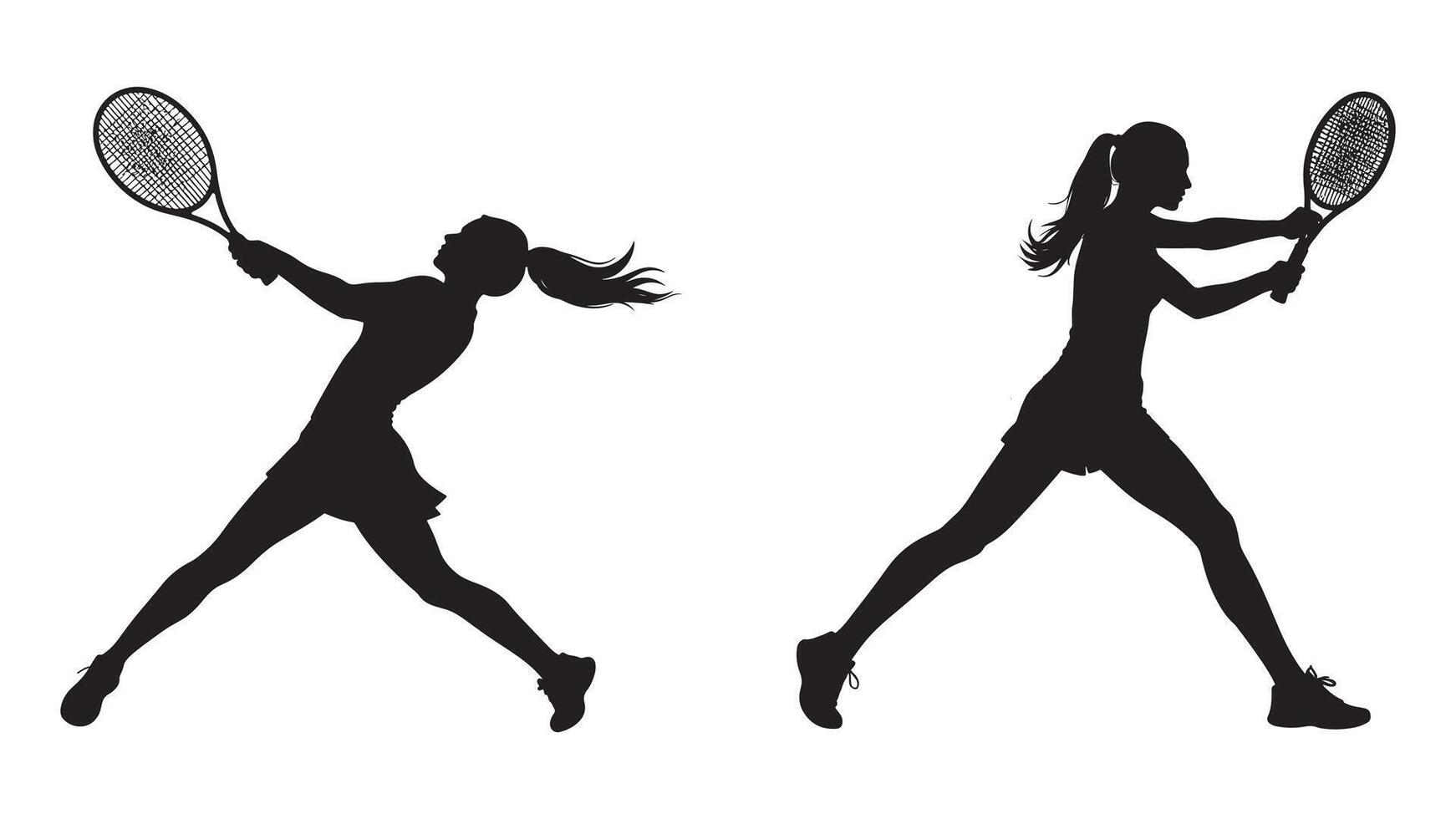 illustration of female tennis player in action, depicted as a black silhouette against on white background. two tennis players silhouettes vector