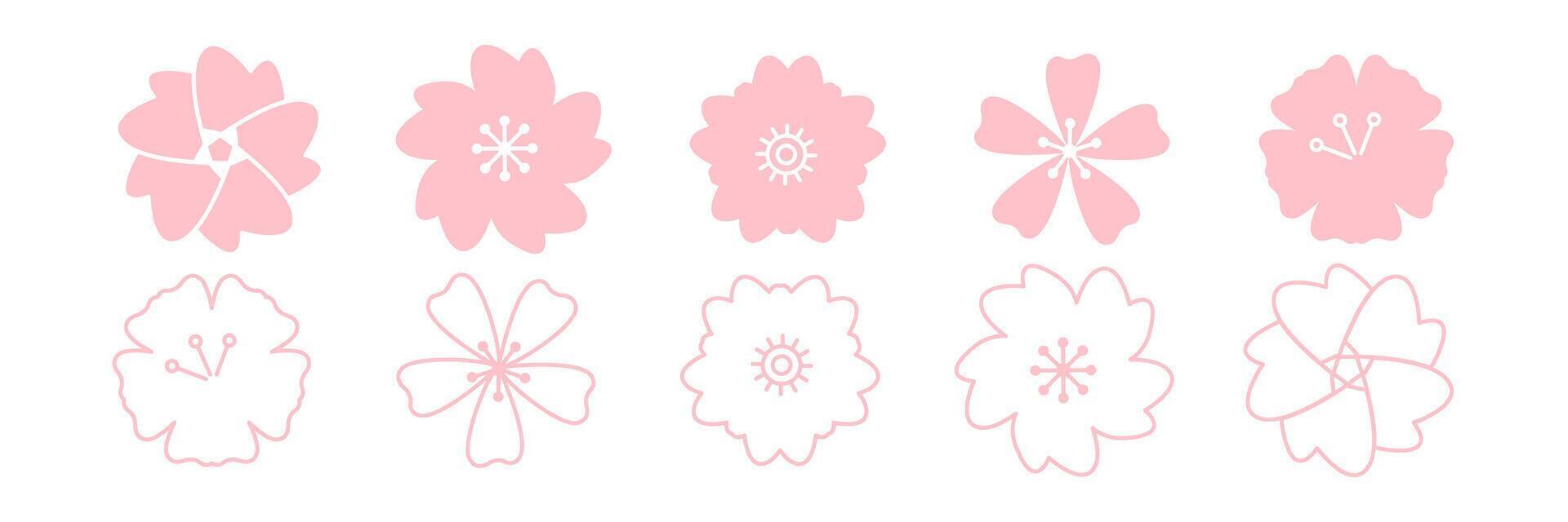 Fruit tree flowers. Sakura in bloom. Flat and line icon set vector