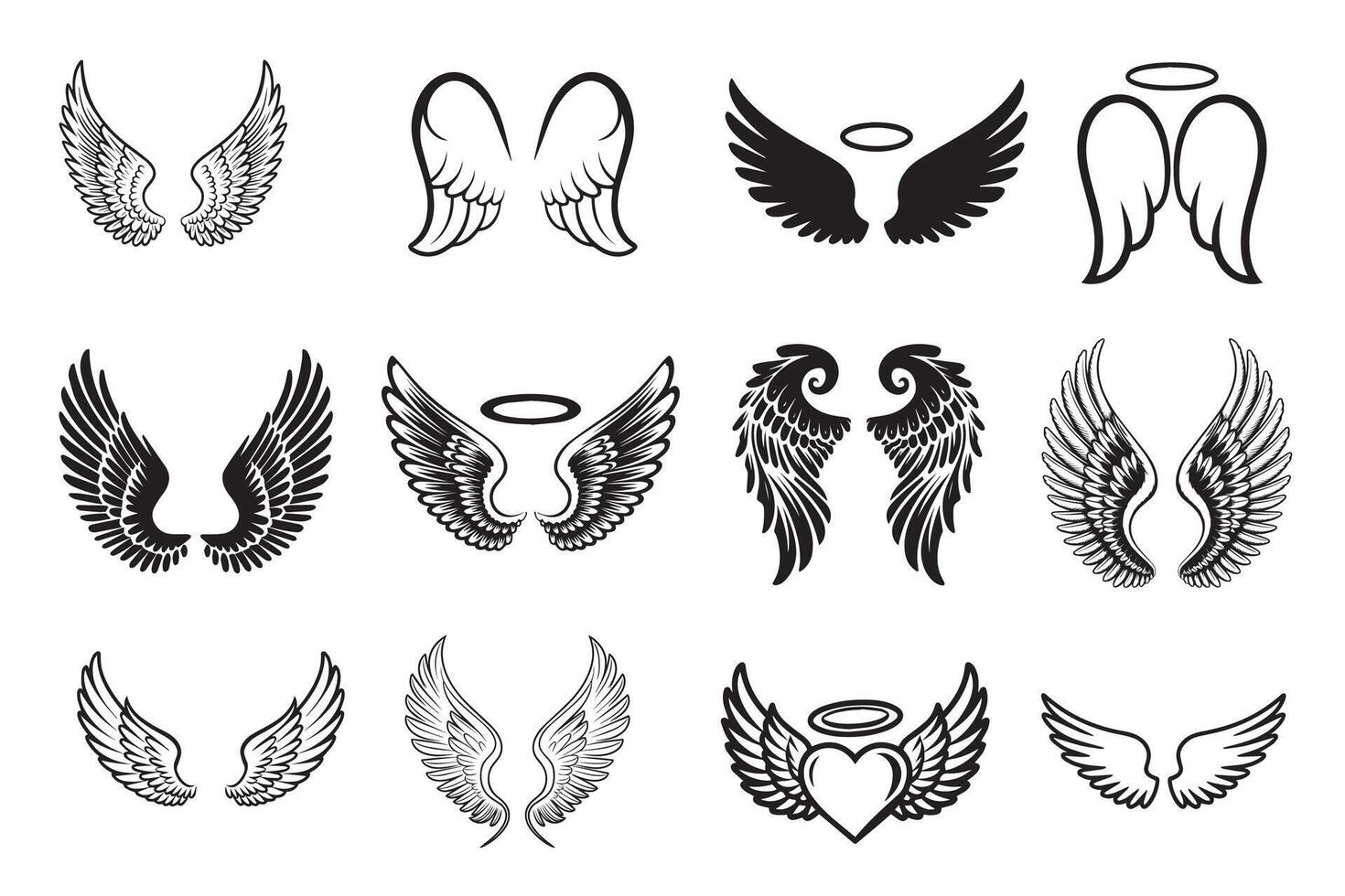 Flying Angel Wing Silhouettes Set Feather Heaven Halo Collection vector