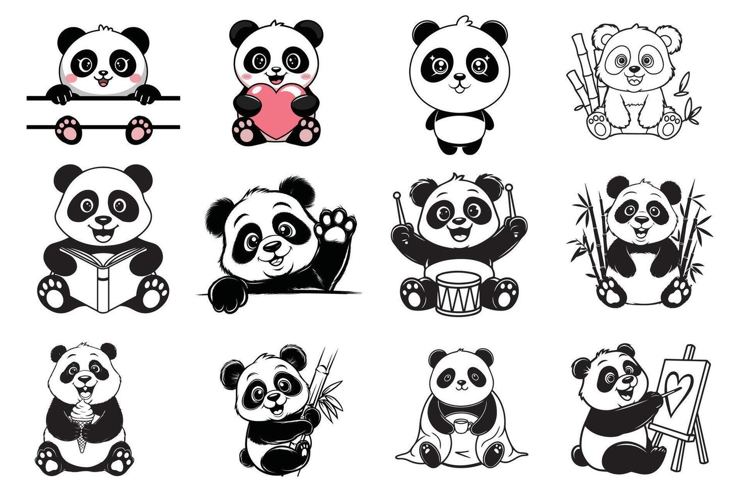 Kawaii Panda Silhouettes Cartoon Set of Cute Panda Characters vector