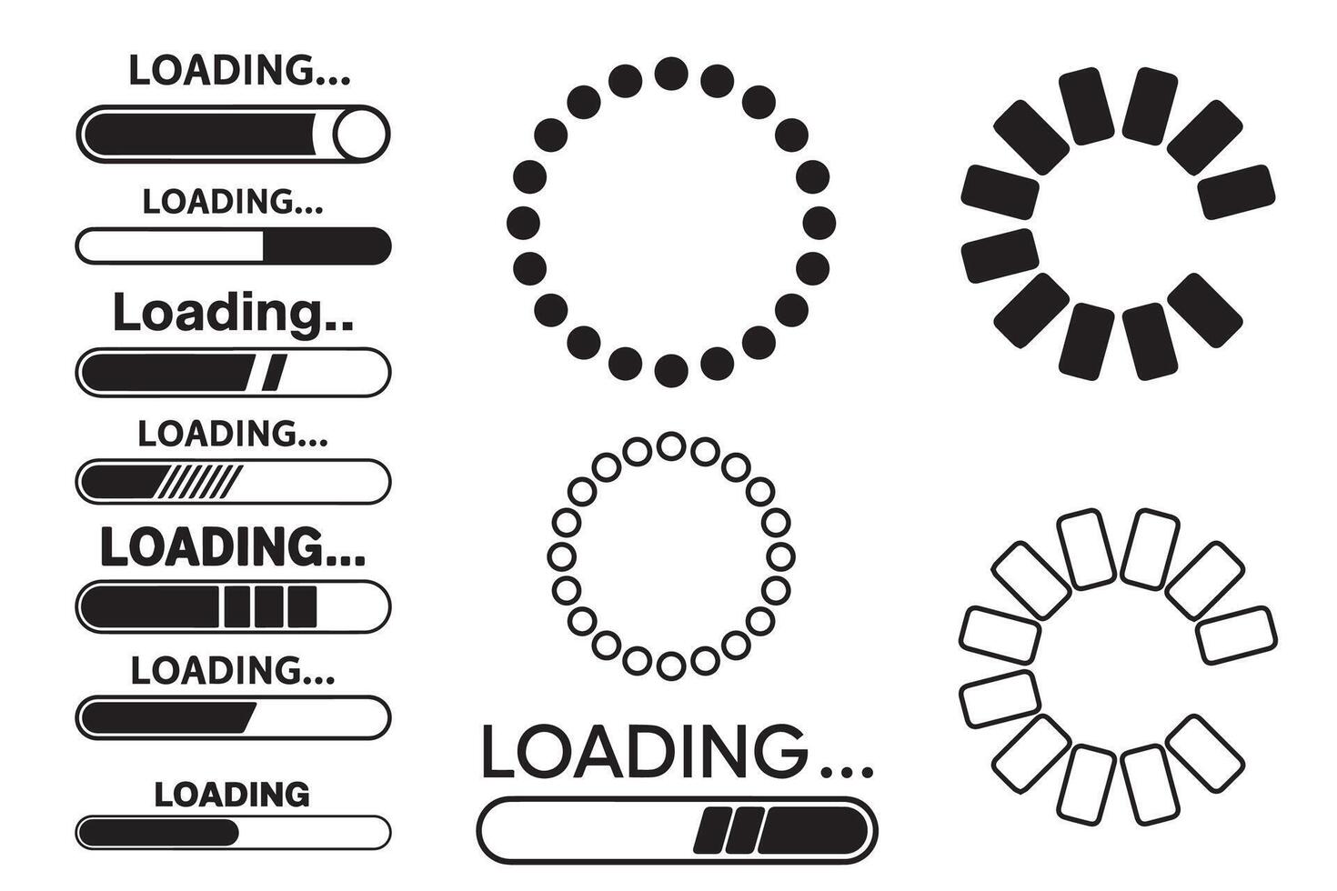 Loading Screen and Progress Bar Icons Set Circular Spinner and Bar Indicators vector