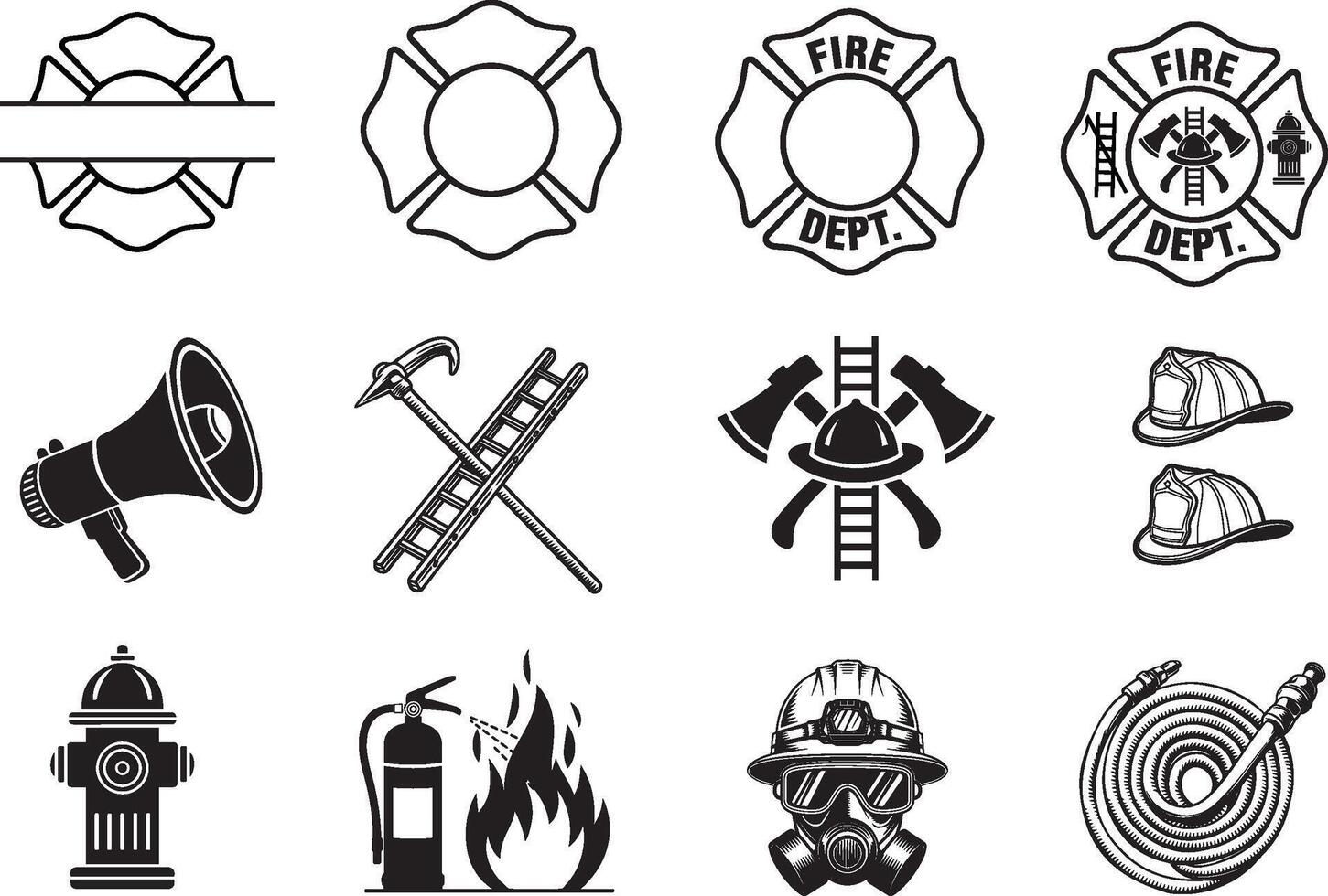Fire Rescue Icon Collection Silhouette Style Helmets Hoses Extinguishers and Tools vector