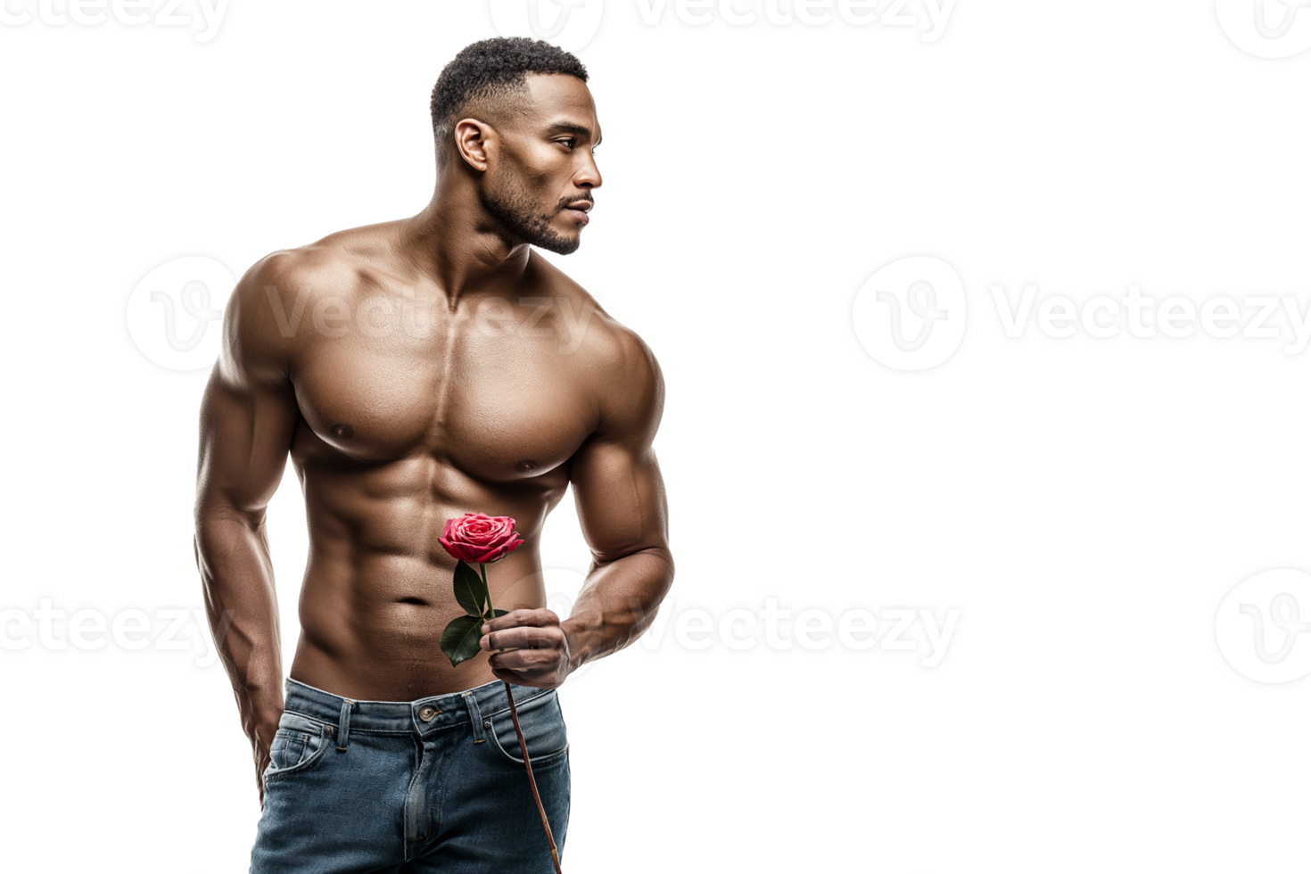 Muscular Man Gently Holding a Single Red Rose png
