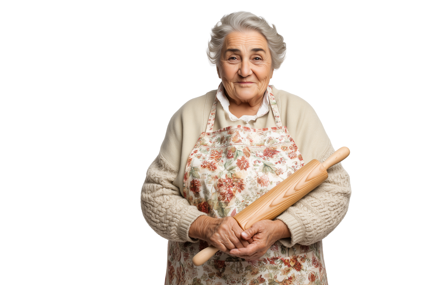Cherished Grandmother Holding a Well-Used Rolling Pin png