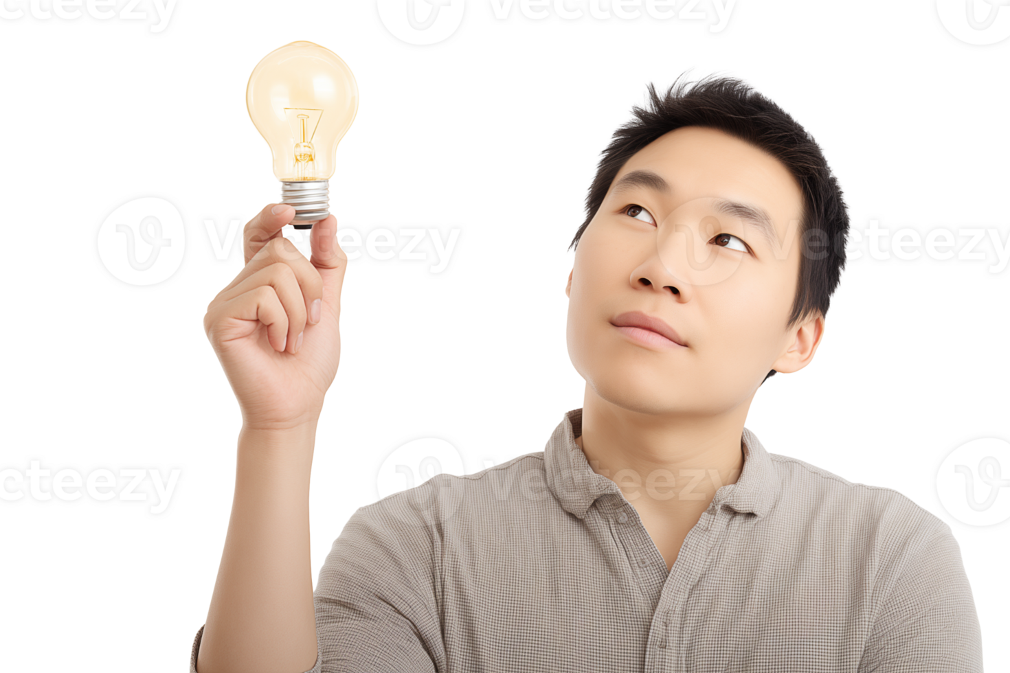 Young Asian Man Holding a Glowing Light Bulb, Looking Upward png