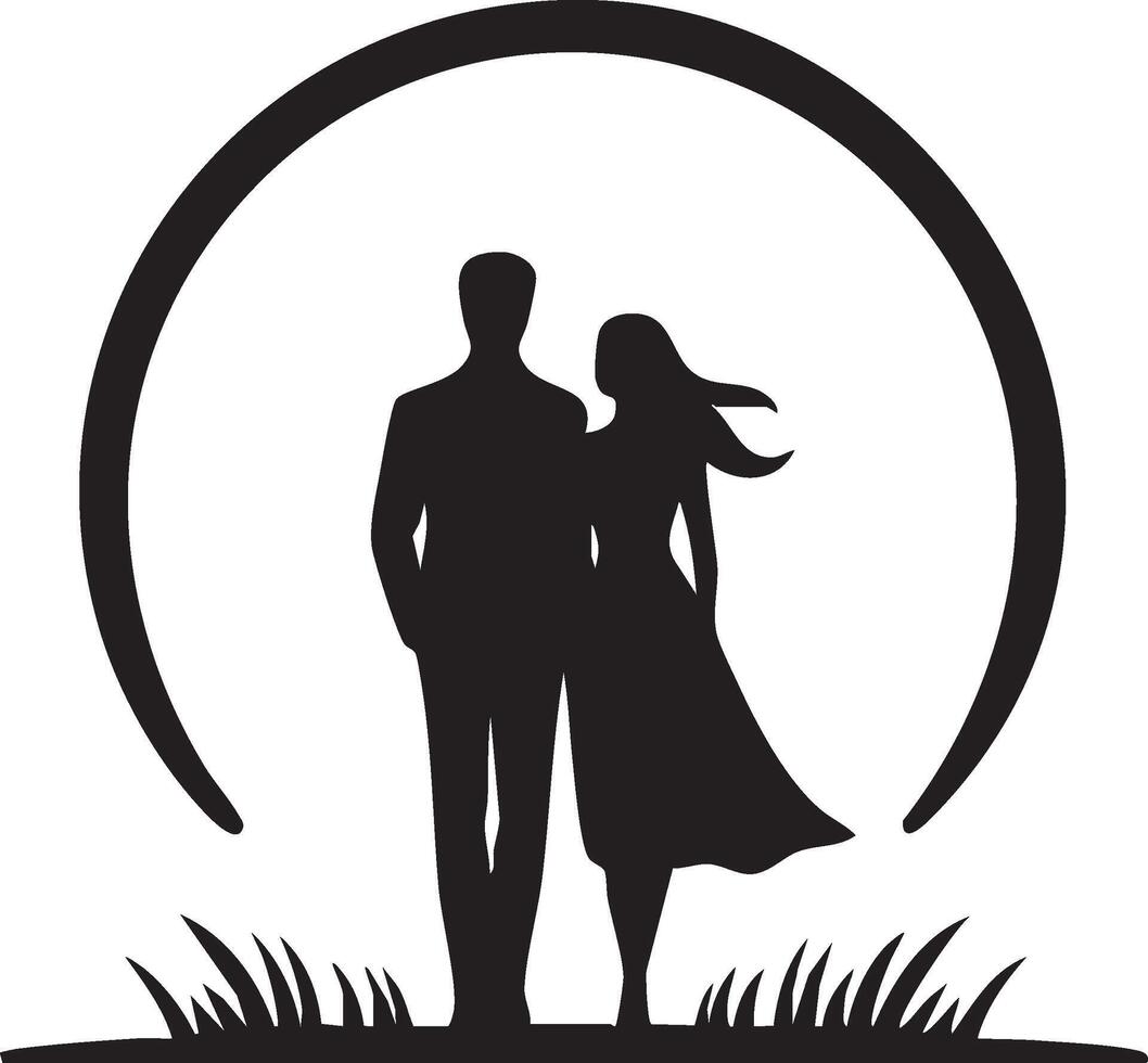Logo of Couple Silhouette Against Crescent Moon and Grass vector