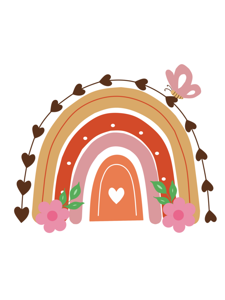 boho rainbow hand drawn element with flower and butterfly png