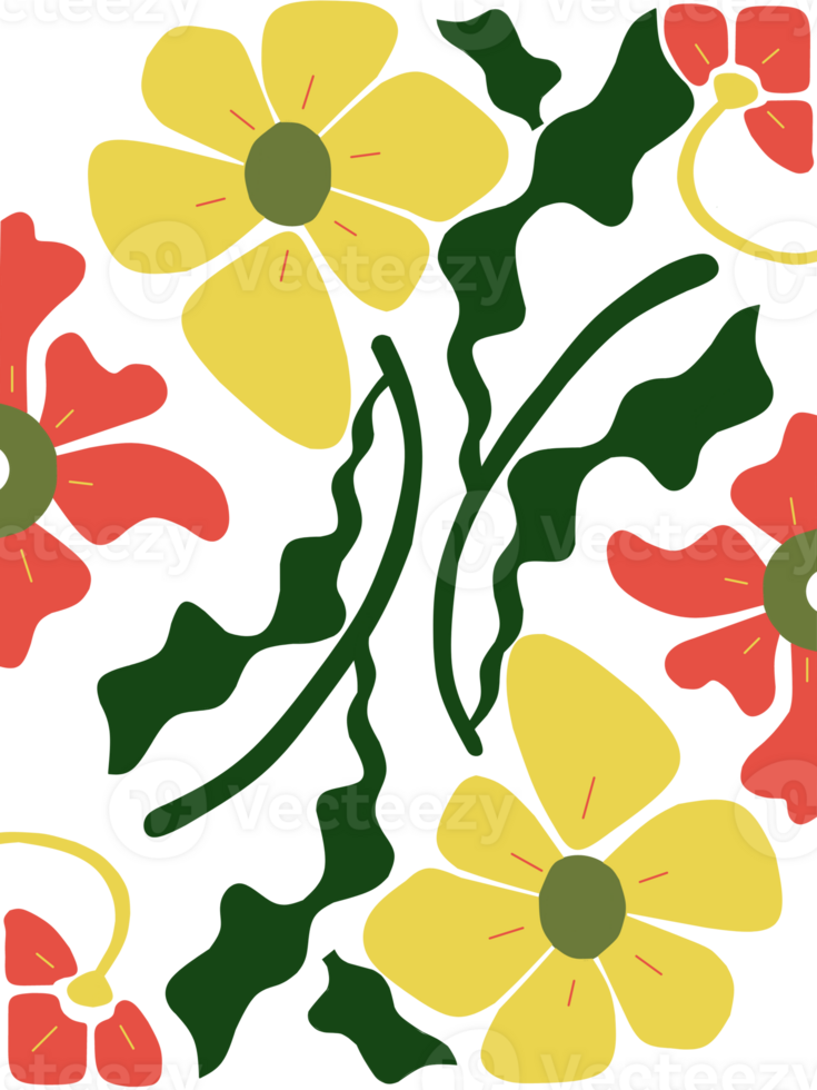 vibrant floral pattern featuring yellow and red flowers and olive green leaves, for print, textiles, digital project png