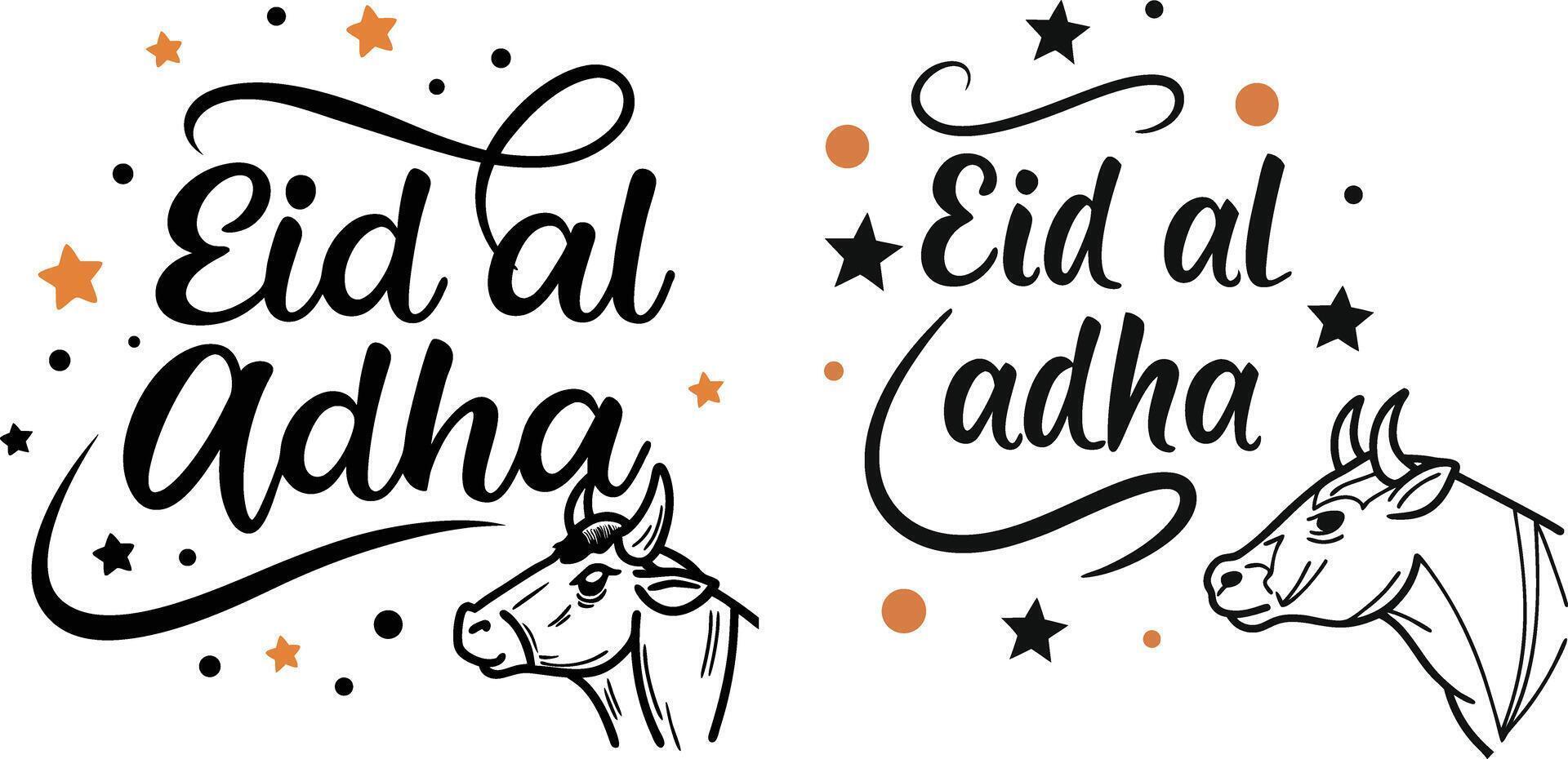 Eid al Adha Calligraphy Design with Cow Head Illustrations for Muslim Holiday vector