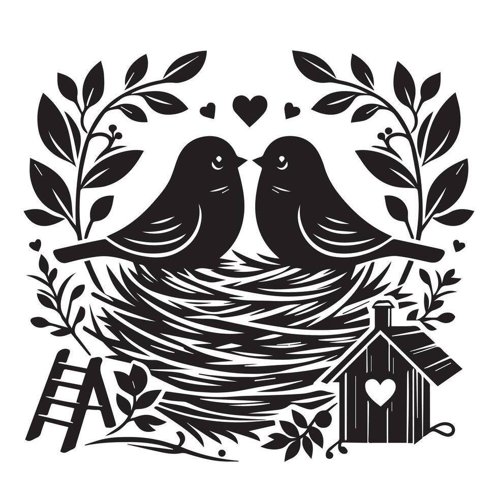 Two birds in a nest with a house and a heart vector