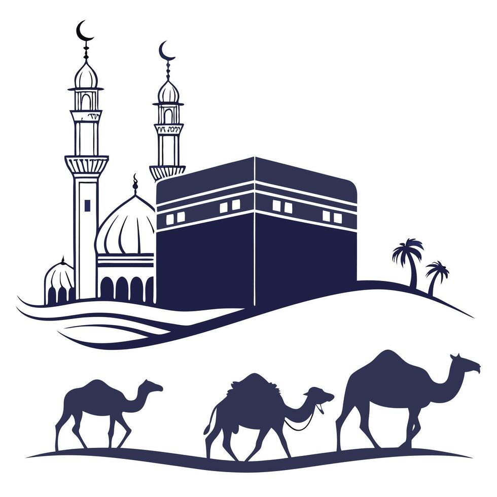 Islamic pilgrimage illustration featuring Kaaba mosque minaret camels sheep and lamb vector