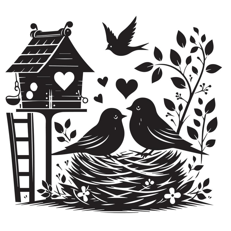 A black and white illustration of two birds in a nest with a birdhouse vector