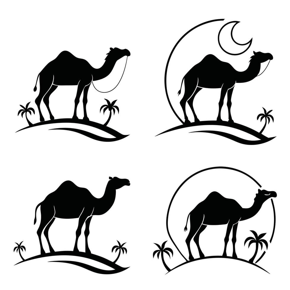Collection of Four Camel Silhouettes in Desert Landscape with Palm Trees and Moon vector